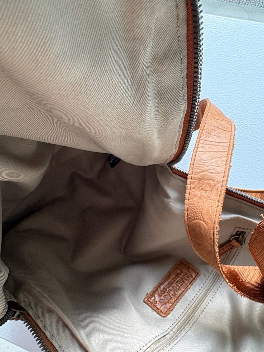 American Leather Tan Embossed Leather Backpack with Two Front Zip Pockets - Picture 14 of 15